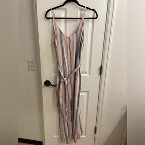 Linen striped midi dress with buttons and tie waist. Size medium.